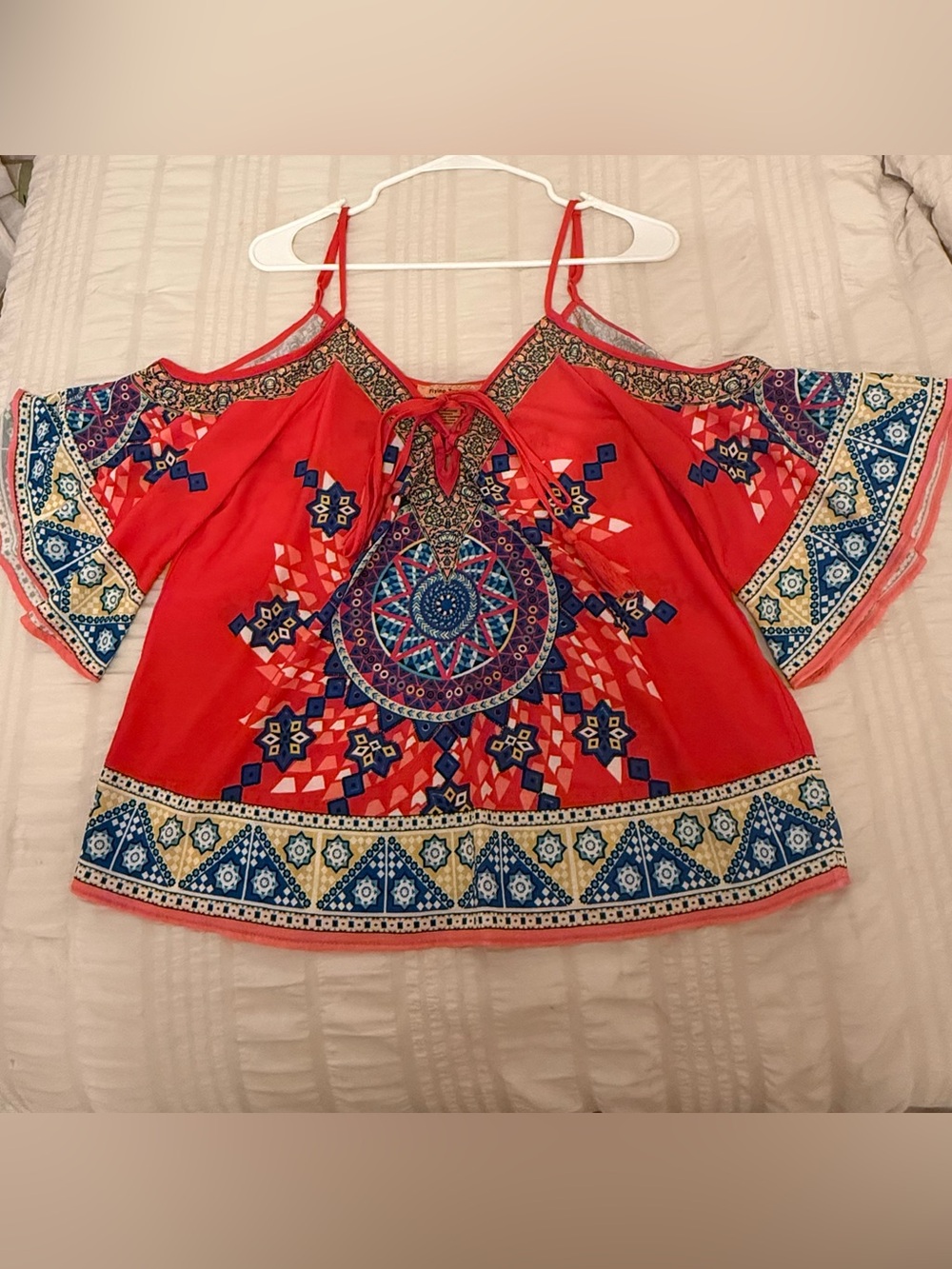 Flying Tomato Red Cold-Shoulder Boho Print Top